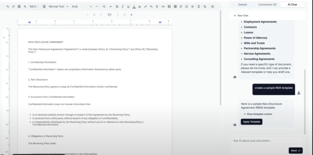 Capstone project screenshot: AI document drafting and revision with chat