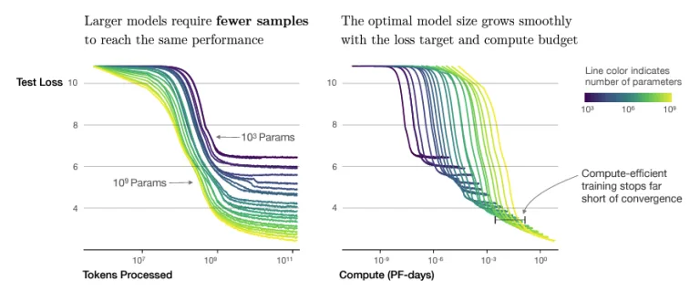 Two line charts of neural scaling laws: test loss falling as tokens processed increase for models of different sizes, and optimal model size growing with compute budget, showing compute-efficient training stopping short of full convergence