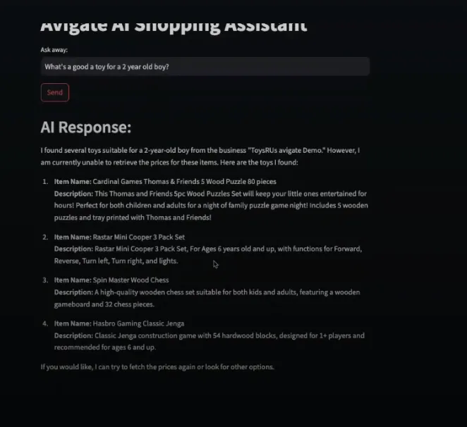 Screenshot of the Avigate AI Shopping Assistant answering 'What's a good toy for a 2 year old boy?' with a list of four recommended toys and descriptions