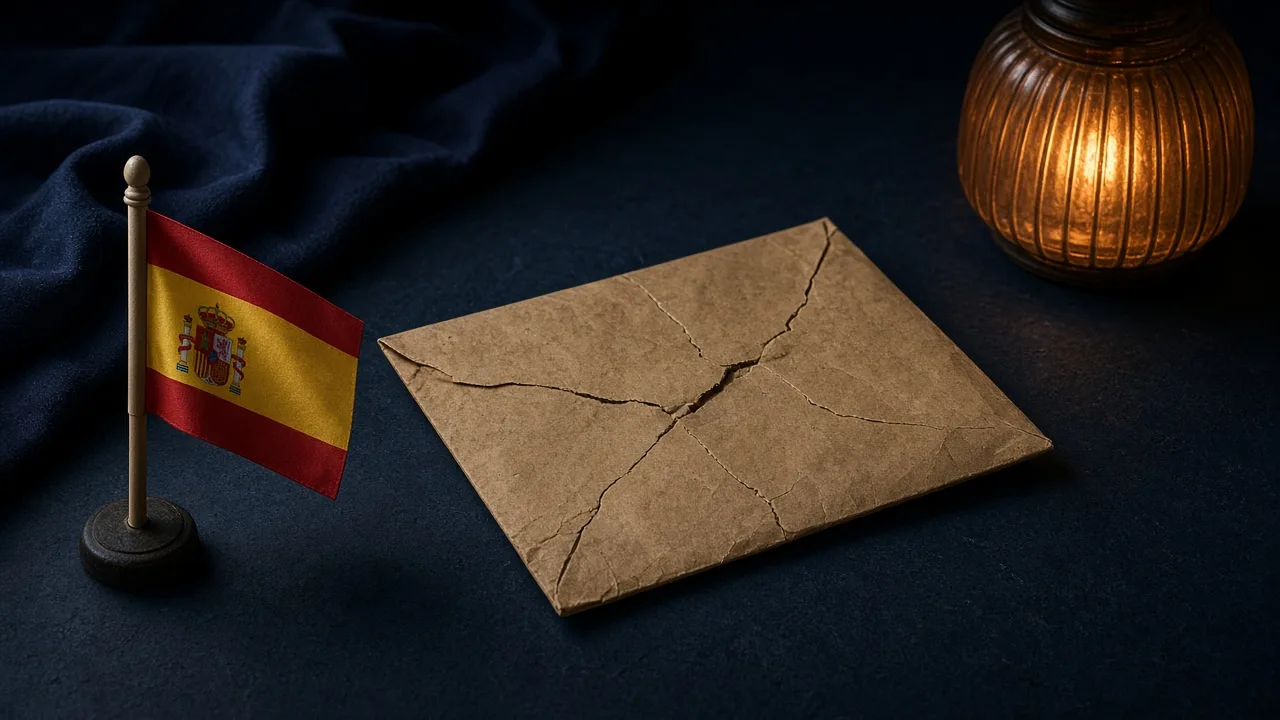 Cracked kraft envelope beside a small Spanish desk flag and an amber lamp on a dark table