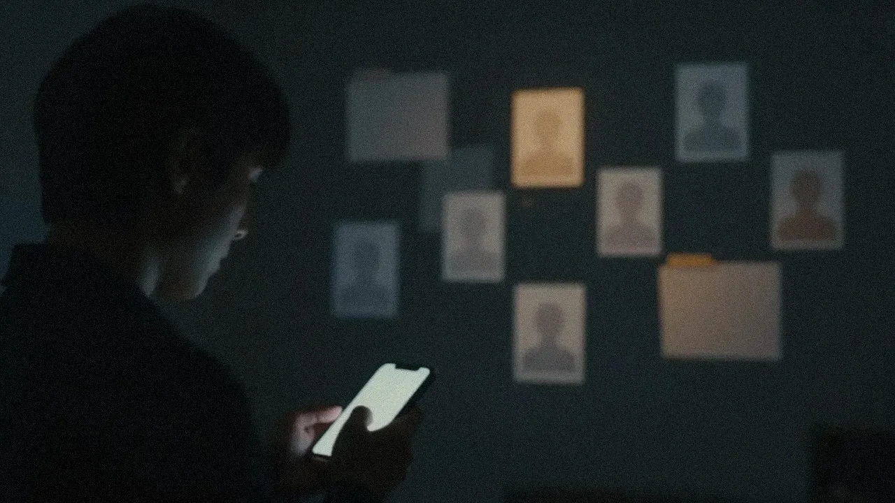An anonymous person lit by a phone in a dark room, with faint files of blank silhouettes floating behind them and one glowing amber.
