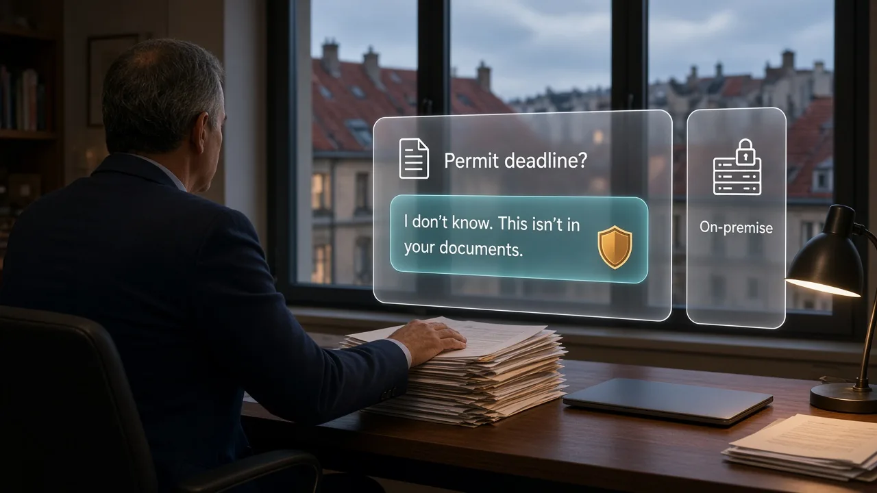 A civil servant at dusk reads a floating AI panel that answers "I don't know. This isn't in your documents." beside an on-premise server icon.