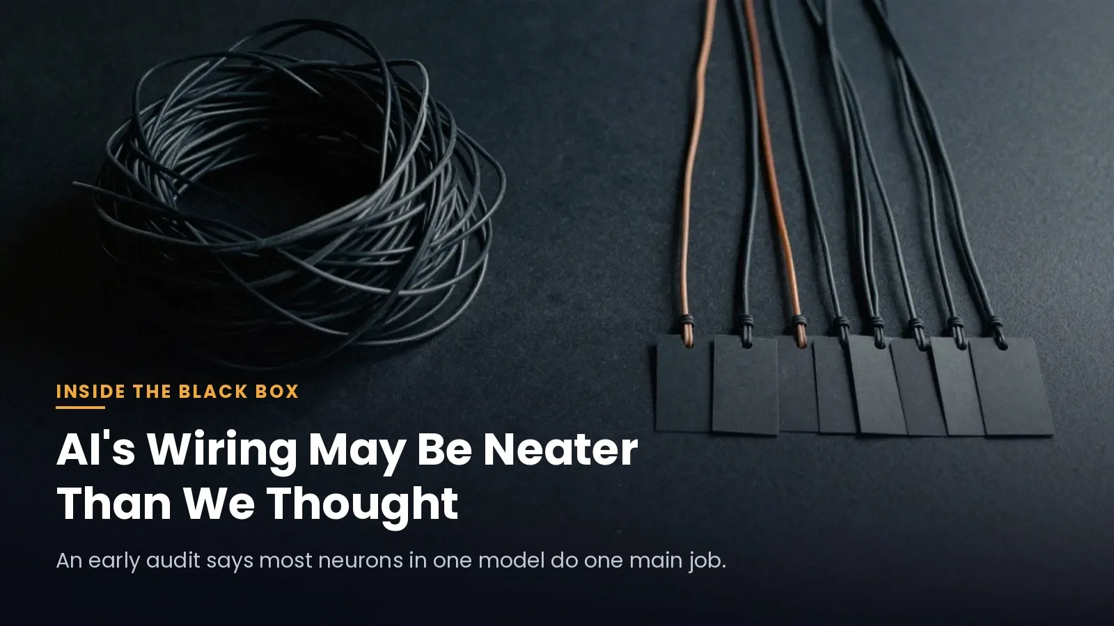 Tangled black wire beside neat parallel strands, titled AI's Wiring May Be Neater Than We Thought