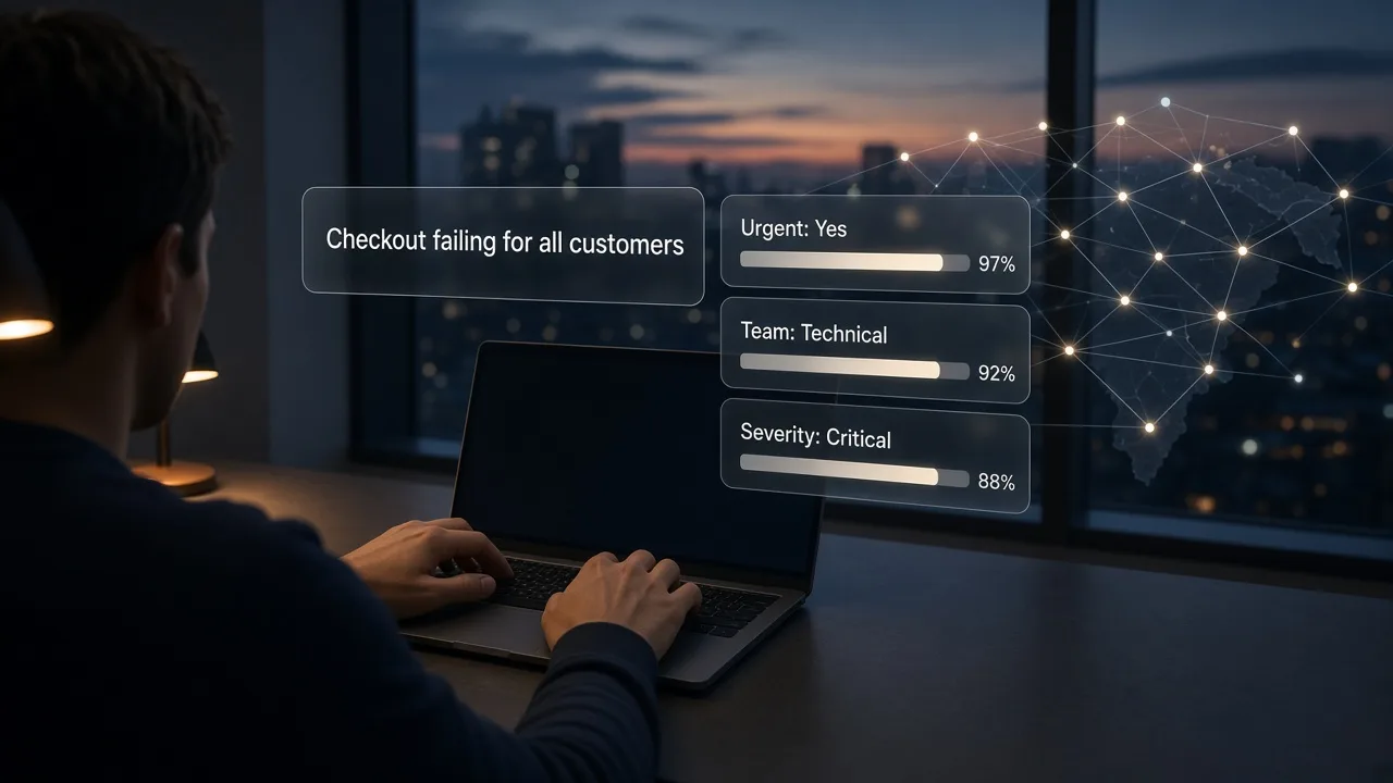 An engineer at dusk watches a support ticket reading Checkout failing for all customers get scored into three probability bars, with edge servers glowing outside the window.