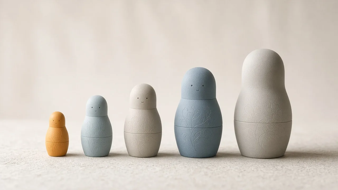 Five pale blue-grey and cream nesting dolls in a row from small to large, the smallest in amber