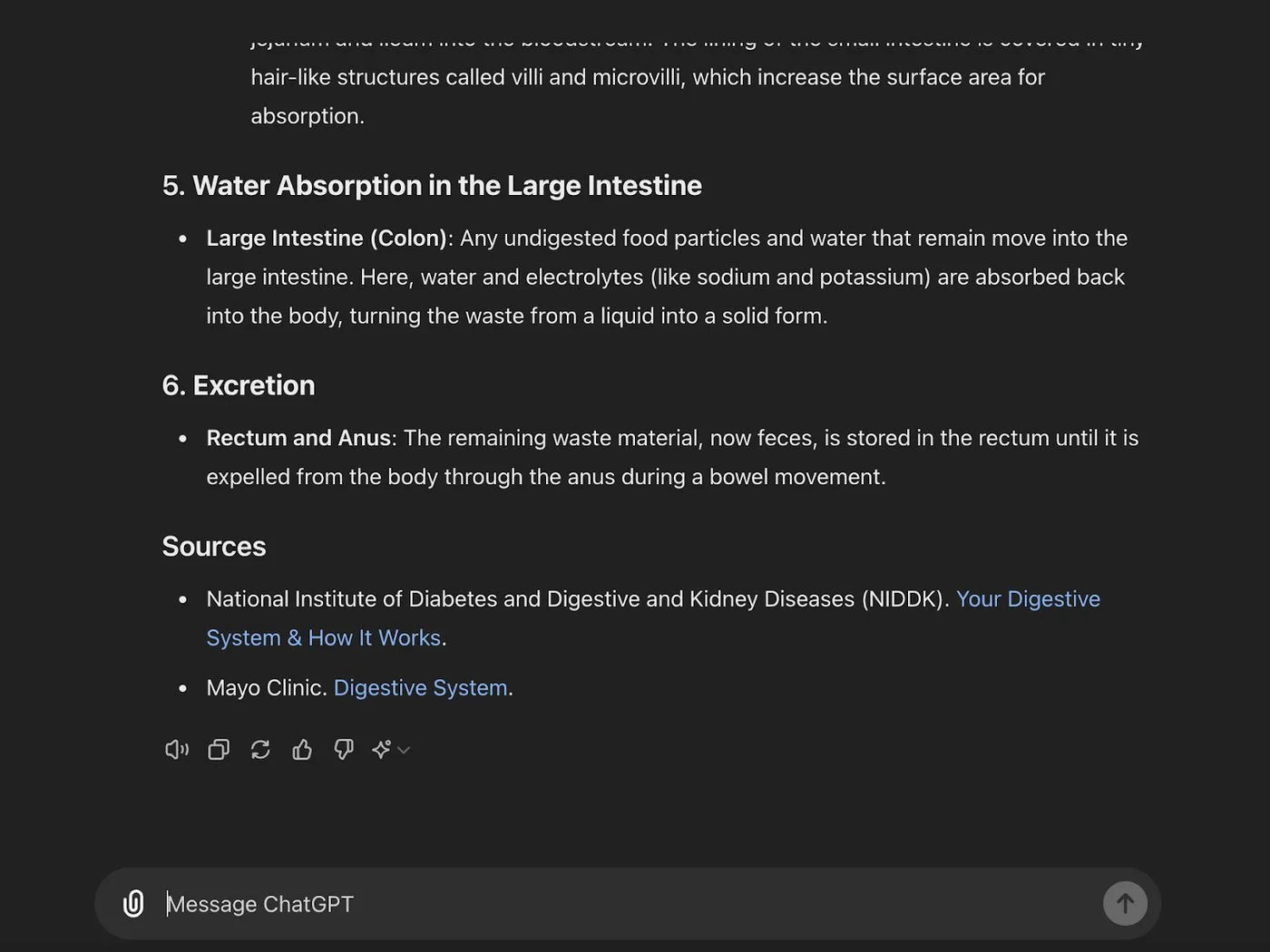 ChatGPT screenshot continuing the digestive system answer with steps for water absorption and excretion, followed by cited sources from NIDDK and Mayo Clinic