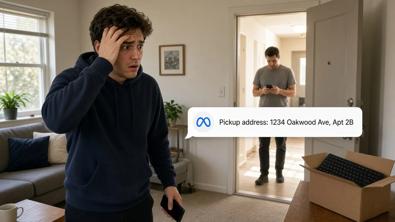 Illustration of a worried man in his apartment as a stranger waits at the door, with a Meta chat bubble showing a pickup address.