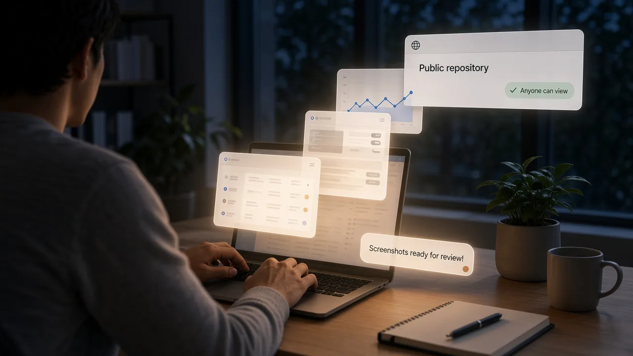 Illustration of a developer at a laptop as internal dashboard screenshots float into a public repository page.