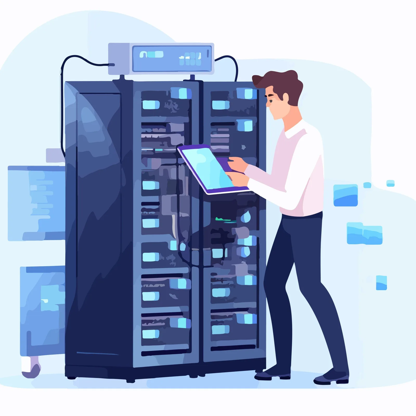 Illustration of a technician holding a tablet while inspecting a large server rack, representing AI compute infrastructure
