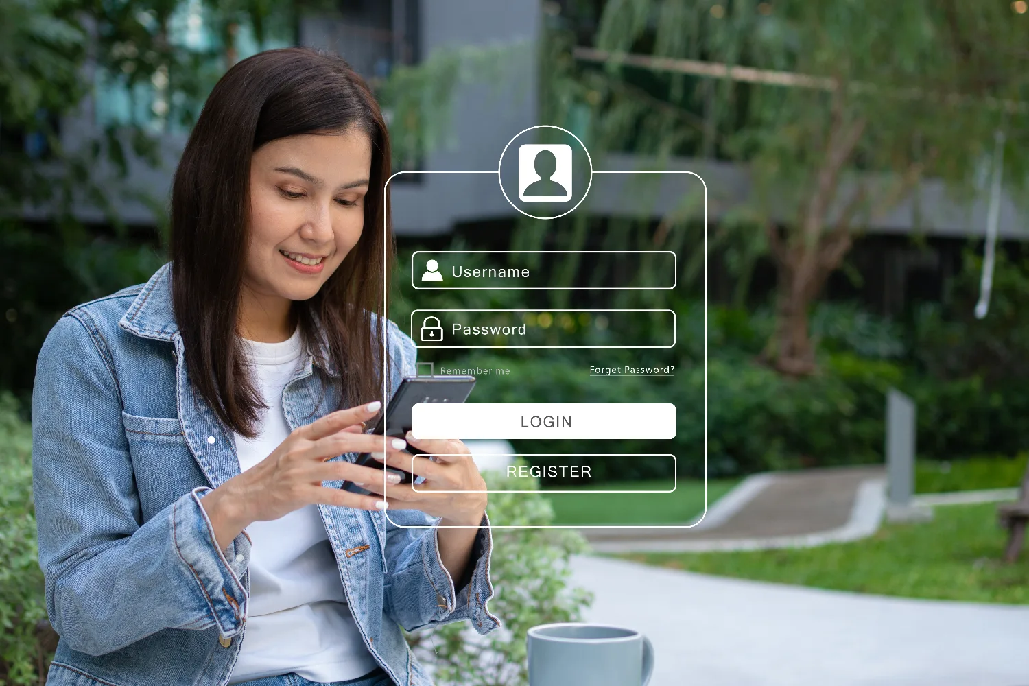 Stock photo of a woman outdoors using her phone, with a mocked-up app login screen showing username, password, login, and register fields overlaid