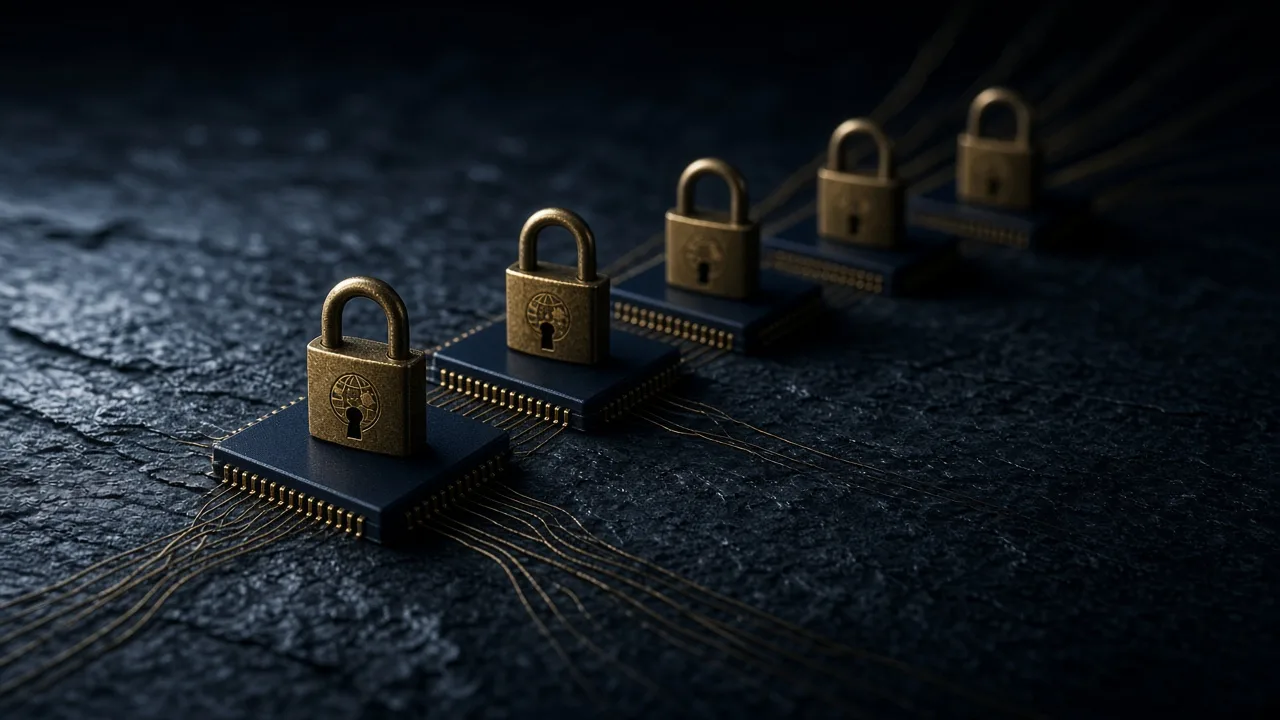 A row of computer chips, each locked with a brass globe padlock, with their wires converging toward a single point in the dark.