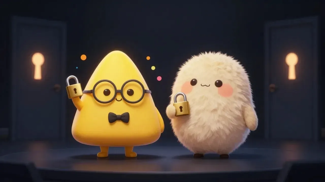 Two friendly AI characters, a yellow triangle with glasses and a fuzzy cream plush, each holding up a gold padlock in front of dark doors with glowing keyholes.
