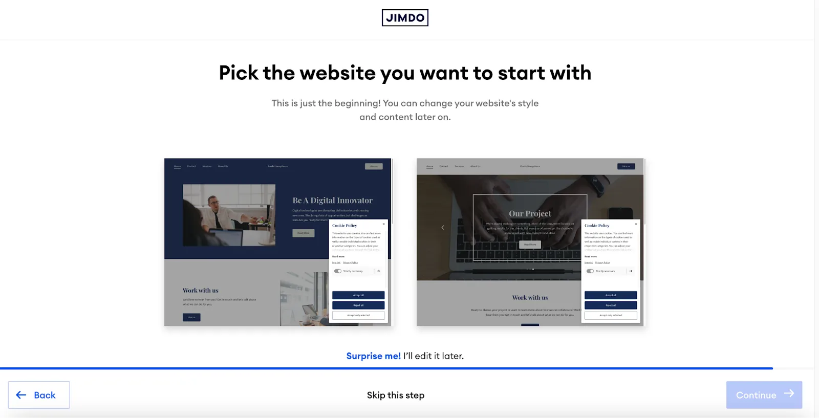 Jimdo AI website builder screen 'Pick the website you want to start with', showing two generated template previews with a cookie policy popup overlaying each
