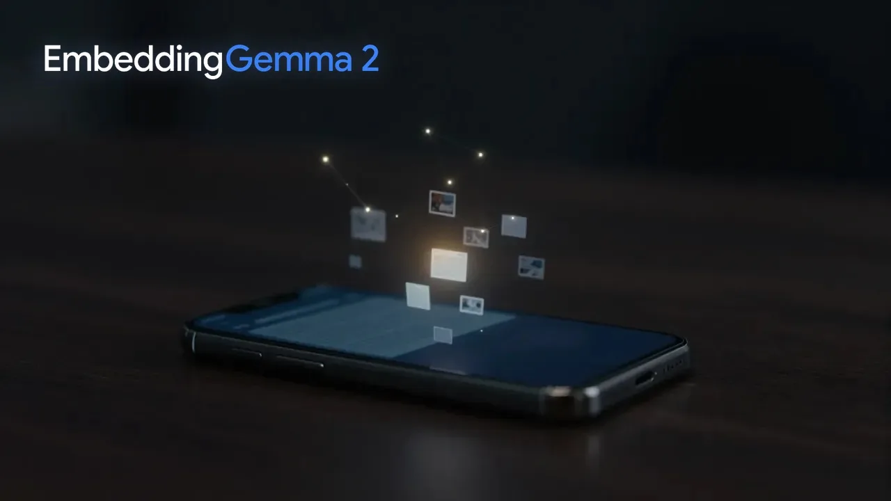 A phone on a dark desk with small photo and document tiles floating above it, one glowing amber, beside the EmbeddingGemma 2 logo.