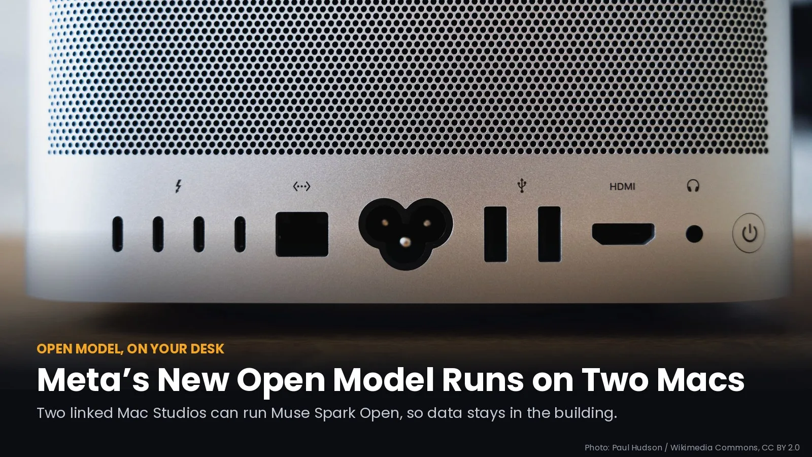 Back of an Apple Mac Studio with the text Meta's New Open Model Runs on Two Macs