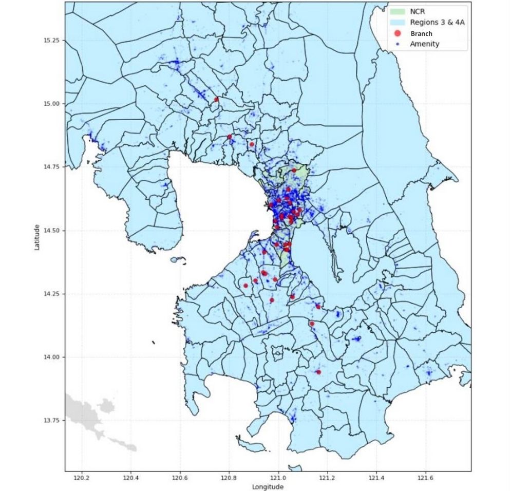 A map of Metro Manila and the surrounding provinces. Existing branches are marked as large red dots; a dense scatter of small blue dots marks amenities, clustering heavily around the capital and thinning sharply outside it.